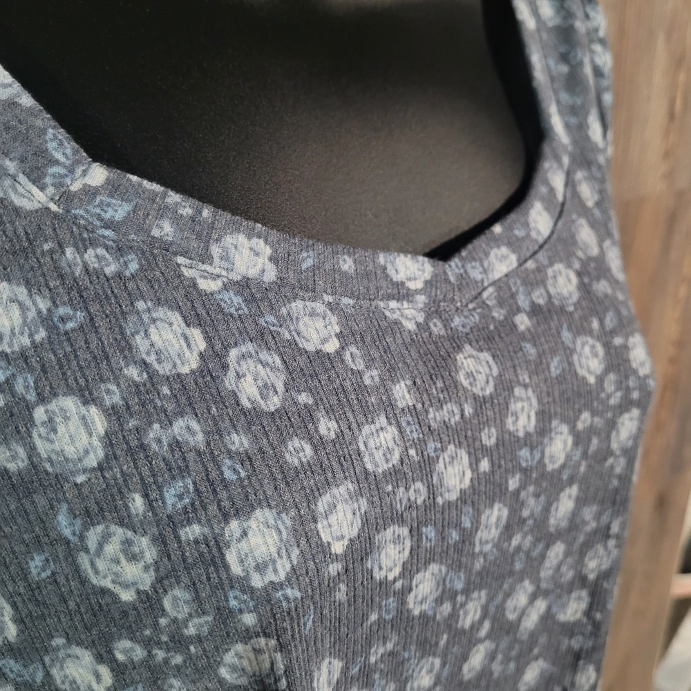 Lauren Conrad Floral Blouse Sz M Muted Blue Sweetheart Neck Puff Sleeve Feminine - Picture 5 of 13